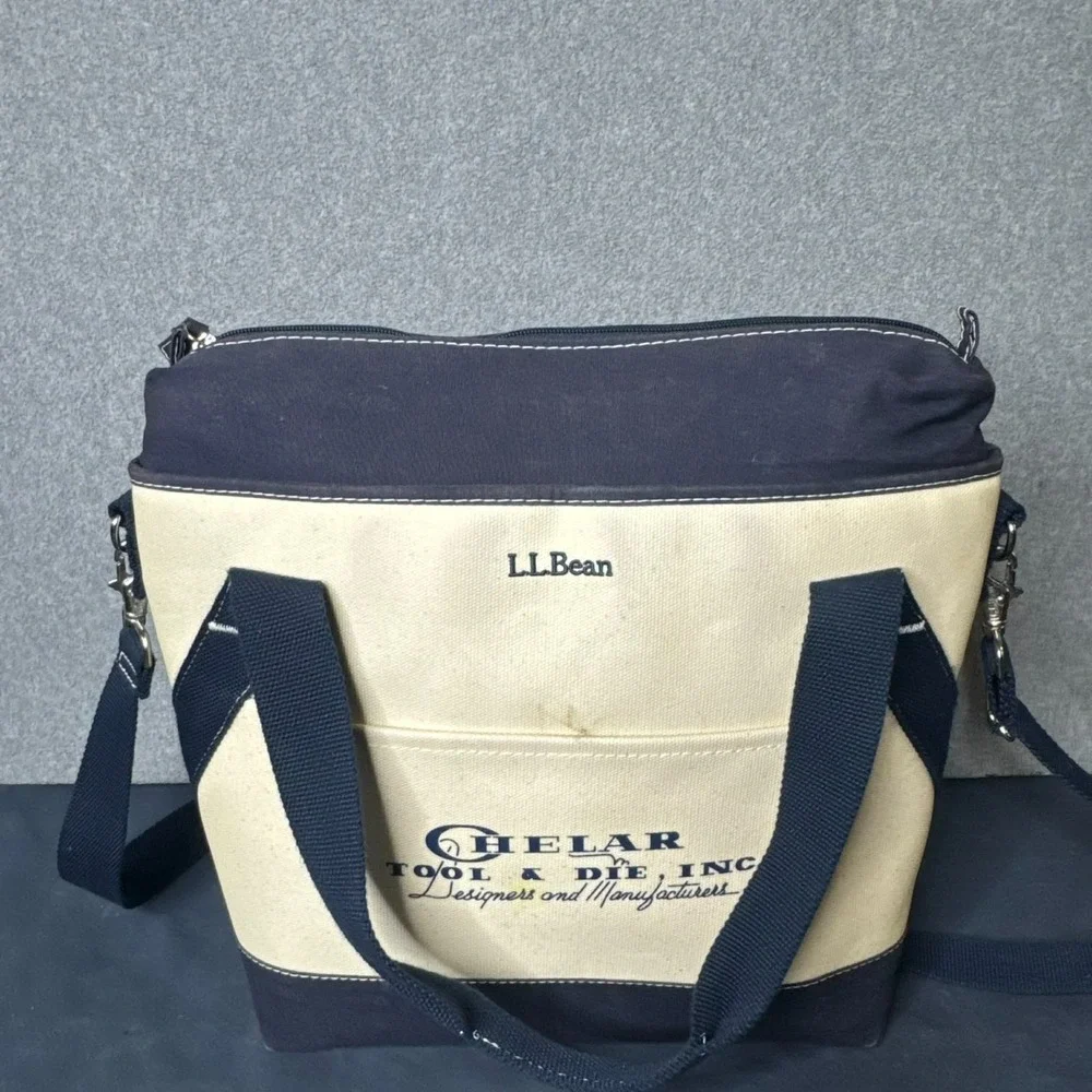 LL Bean Boat & Tote Insulated Canvas Cooler Tote Navy Cream Zip Lunch Bag Strap